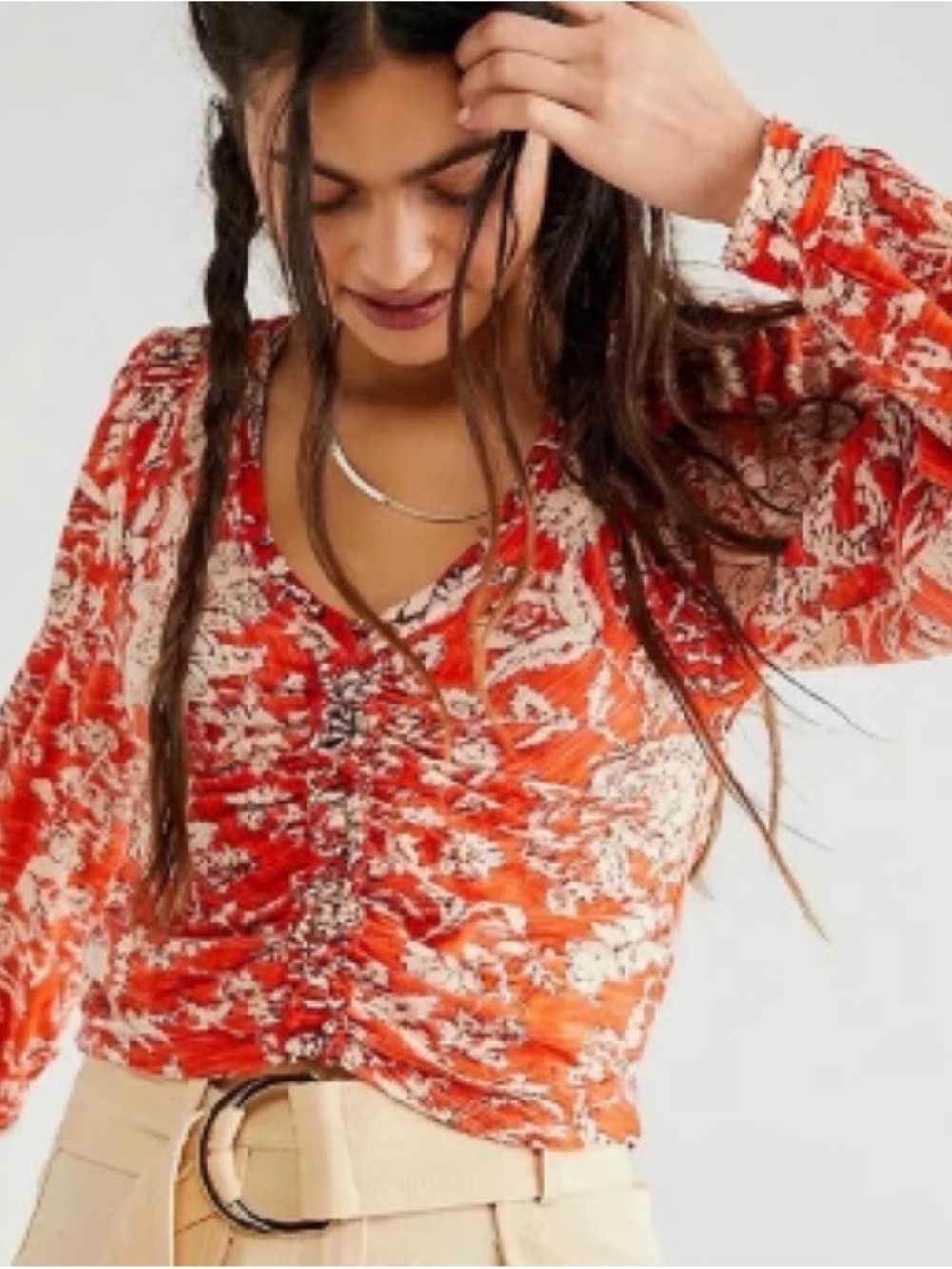 Free People Say the Word Top in a coral/orange floral, EUC, size Large.